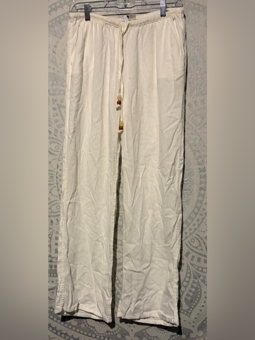 H&M Divided White Linen Blend Beaded Drawstring Beach Pants Size S